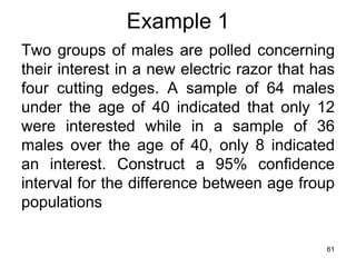 Example 1
Two groups of males are polled concerning
their interest in a new electric razor that has
four cutting edges. A sample of 64 males
under the age of 40 indicated that only 12
were interested while in a sample of 36
males over the age of 40, only 8 indicated
an interest. Construct a 95% confidence
interval for the difference between age froup
populations

                                             61
 