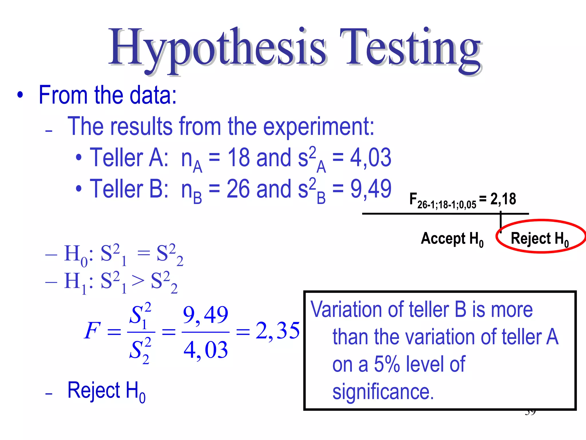 • From the data:
   – The results from the experiment:

      • Teller A: nA = 18 and s2A = 4,03
      • Teller B: nB = 26 and s2B = 9,49    F26-1;18-1;0,05 = 2,18

                                              Accept H0         Reject H0
   –   H0: 1 = S22
          S2
   –   H1: S21 > S22
            S   2
                9, 49       Variation of teller B is more
         F   1
                2
                       2,35 than the variation of teller A
            S   4, 03
               2
                                   on a 5% level of
   –   Reject H0                   significance.
                                                                     59
 