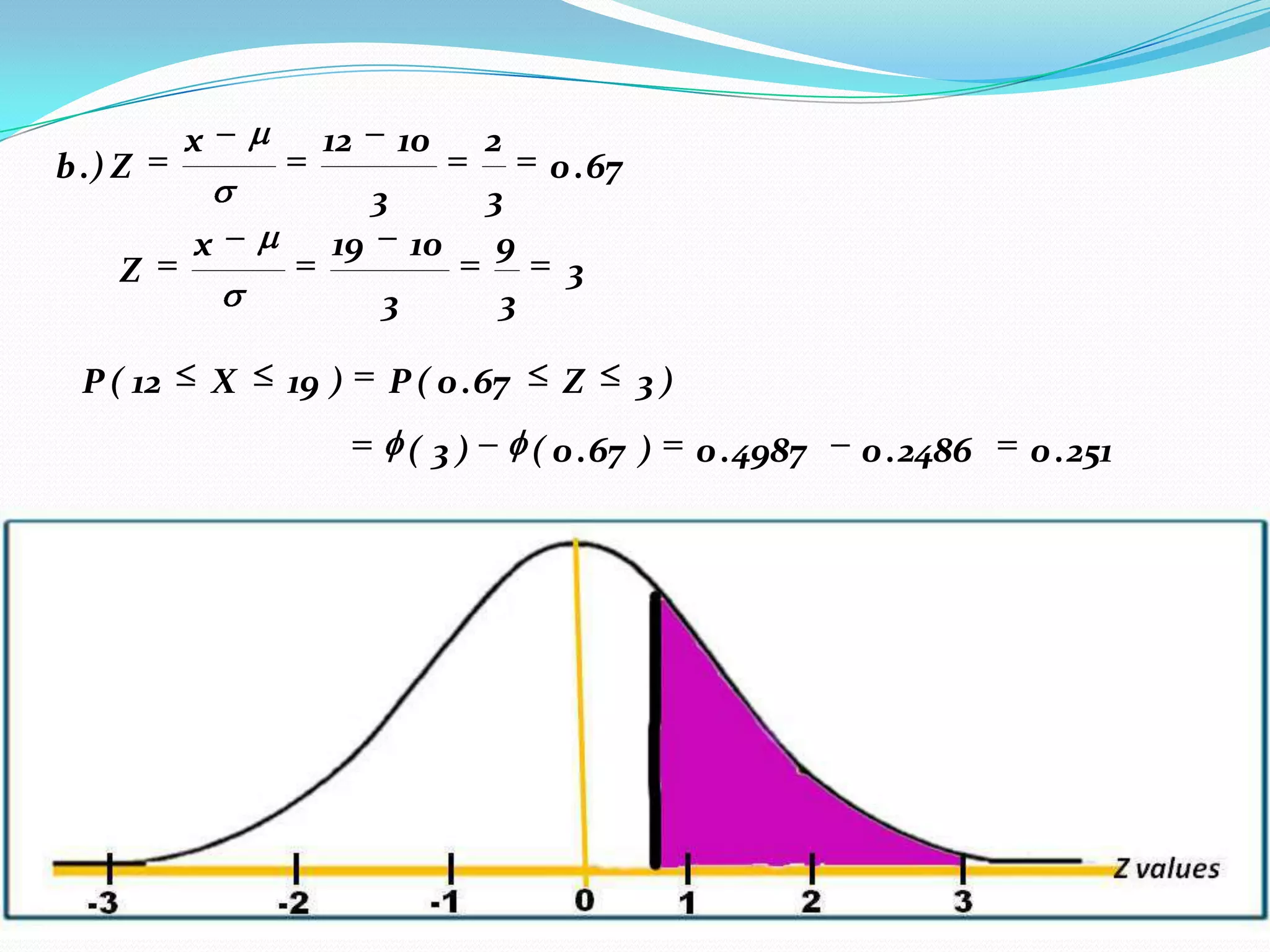 x         12        10      2
b .) Z                                       0 . 67
                           3           3
           x          19        10      9
     Z                                         3
                           3            3

  P ( 12       X   19 )        P ( 0 . 67     Z       3)
                                ( 3)        ( 0 . 67 )     0 . 4987   0 . 2486   0 . 251
 