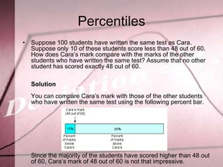 Percentiles
• Suppose 100 students have written the same test as Cara.
  Suppose only 10 of these students score less than 48 out of 60.
  How does Cara’s mark compare with the marks of the other
  students who have written the same test? Assume that no other
  student has scored exactly 48 out of 60.

  Solution
  You can compare Cara’s mark with those of the other students
  who have written the same test using the following percent bar.




  Since the majority of the students have scored higher than 48 out
  of 60, Cara’s mark of 48 out of 60 is not that impressive.
 