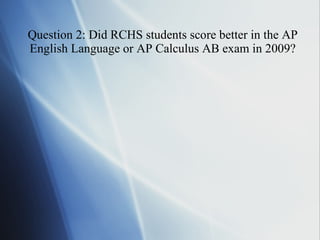 Question 2: Did RCHS students score better in the AP English Language or AP Calculus AB exam in 2009? 