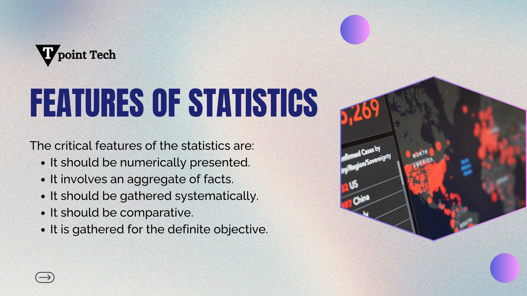 point Tech
T
FEATURES OF STATISTICS
The critical features of the statistics are:
It should be numerically presented.
It involves an aggregate of facts.
It should be gathered systematically.
It should be comparative.
It is gathered for the definite objective.
 