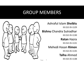 GROUP MEMBERS
Ashraful Islam Sheiblu
ID:152-35-1129
Bishnu Chandra Sutradhar
ID:152-35-1130
Ratan Hazra
ID:152-35-1131
Mehedi Hasan Rimon
ID:152-35-1135
Talha Ahmed
ID:152-35-1138Page: 3
 