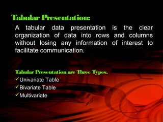 TabularPresentation:
A tabular data presentation is the clear
organization of data into rows and columns
without losing any information of interest to
facilitate communication.
TabularPresentation are Three Types.
Univariate Table
Bivariate Table
Multivariate
 
