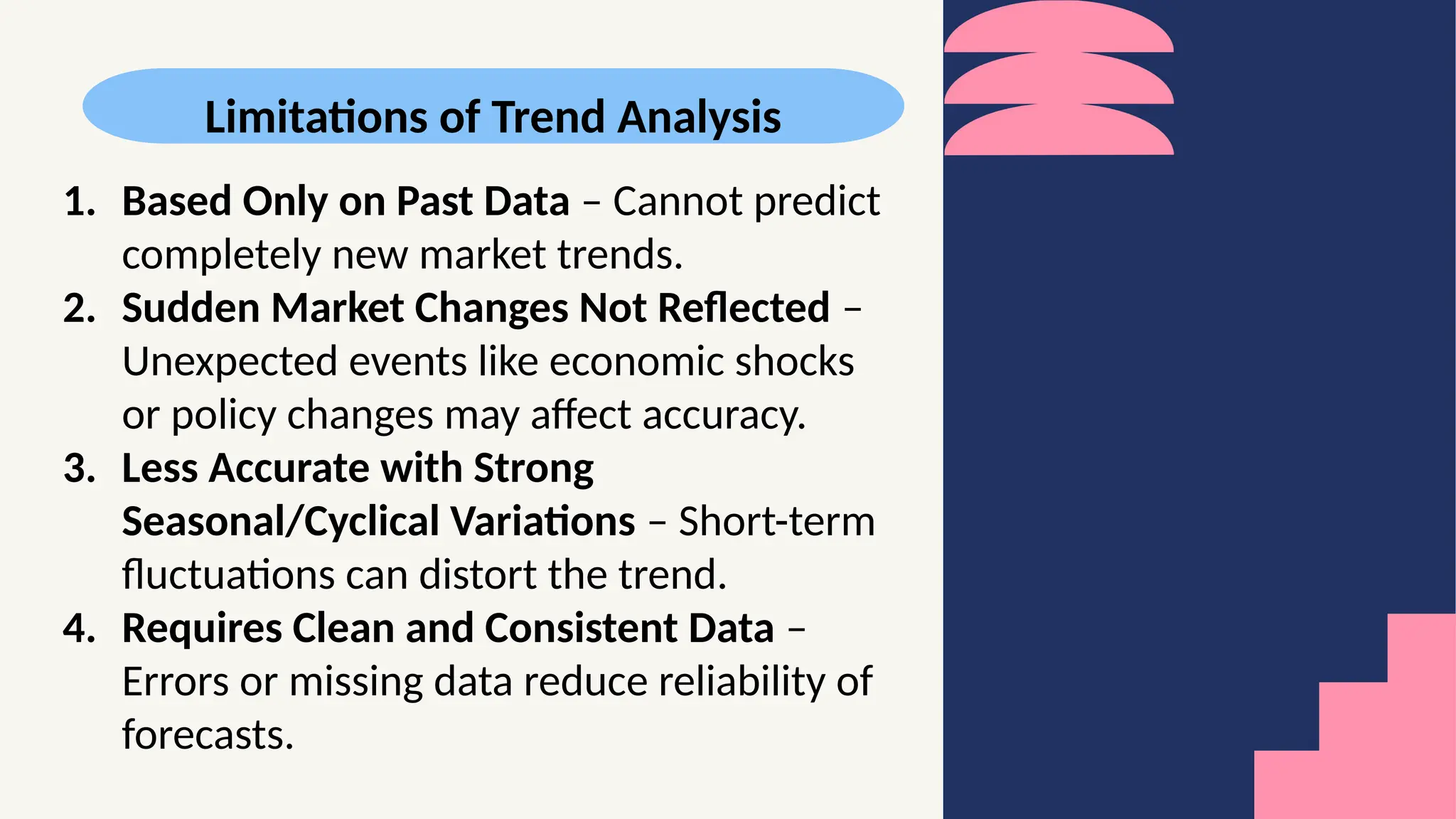 Limitations of Trend Analysis
1. Based Only on Past Data – Cannot predict
completely new market trends.
2. Sudden Market Changes Not Reflected –
Unexpected events like economic shocks
or policy changes may affect accuracy.
3. Less Accurate with Strong
Seasonal/Cyclical Variations – Short-term
fluctuations can distort the trend.
4. Requires Clean and Consistent Data –
Errors or missing data reduce reliability of
forecasts.
 