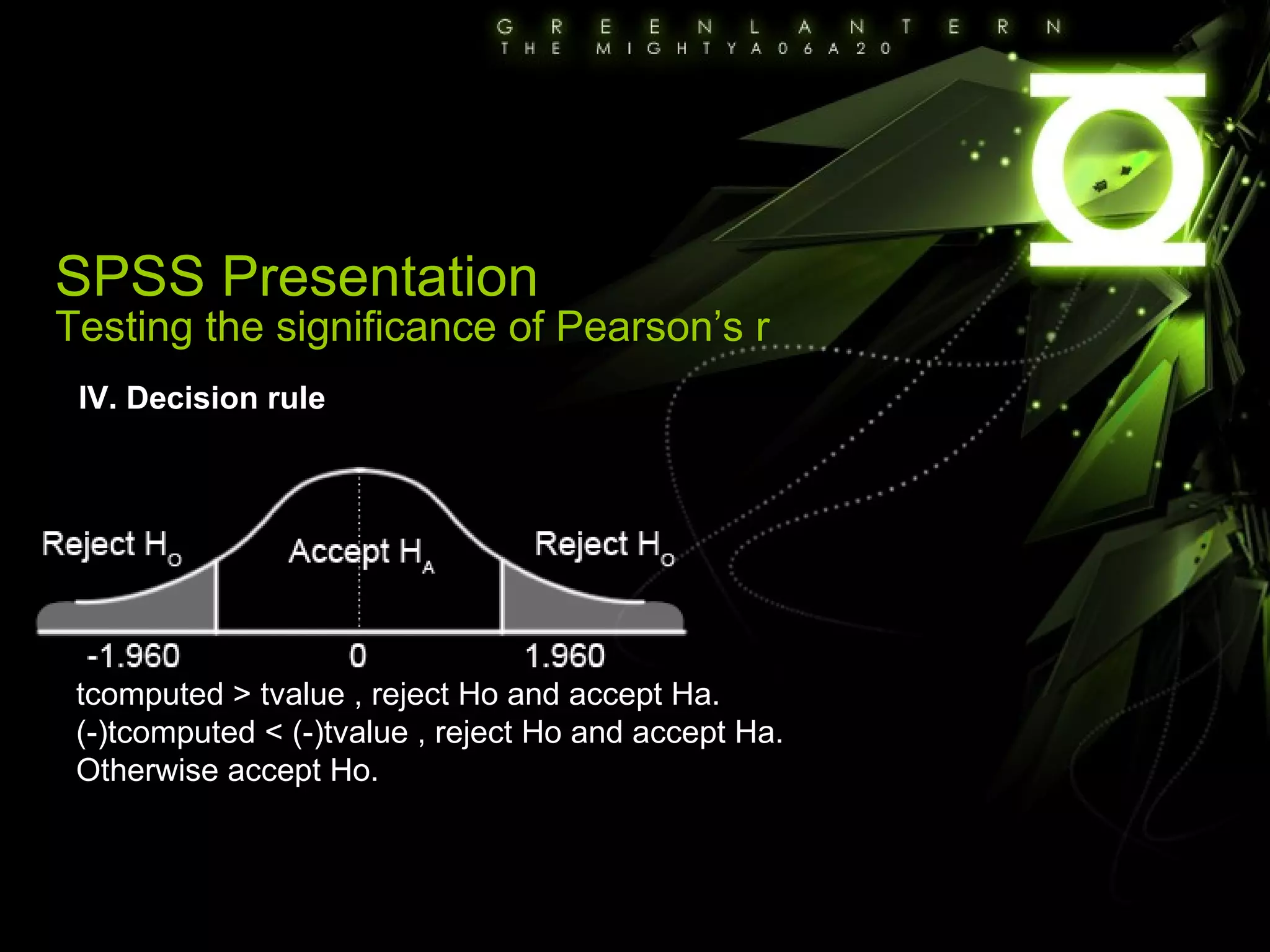 IV. Decision rule tcomputed > tvalue , reject Ho and accept Ha. (-)tcomputed < (-)tvalue , reject Ho and accept Ha. Otherwise accept Ho. SPSS Presentation Testing the significance of Pearson’s r 