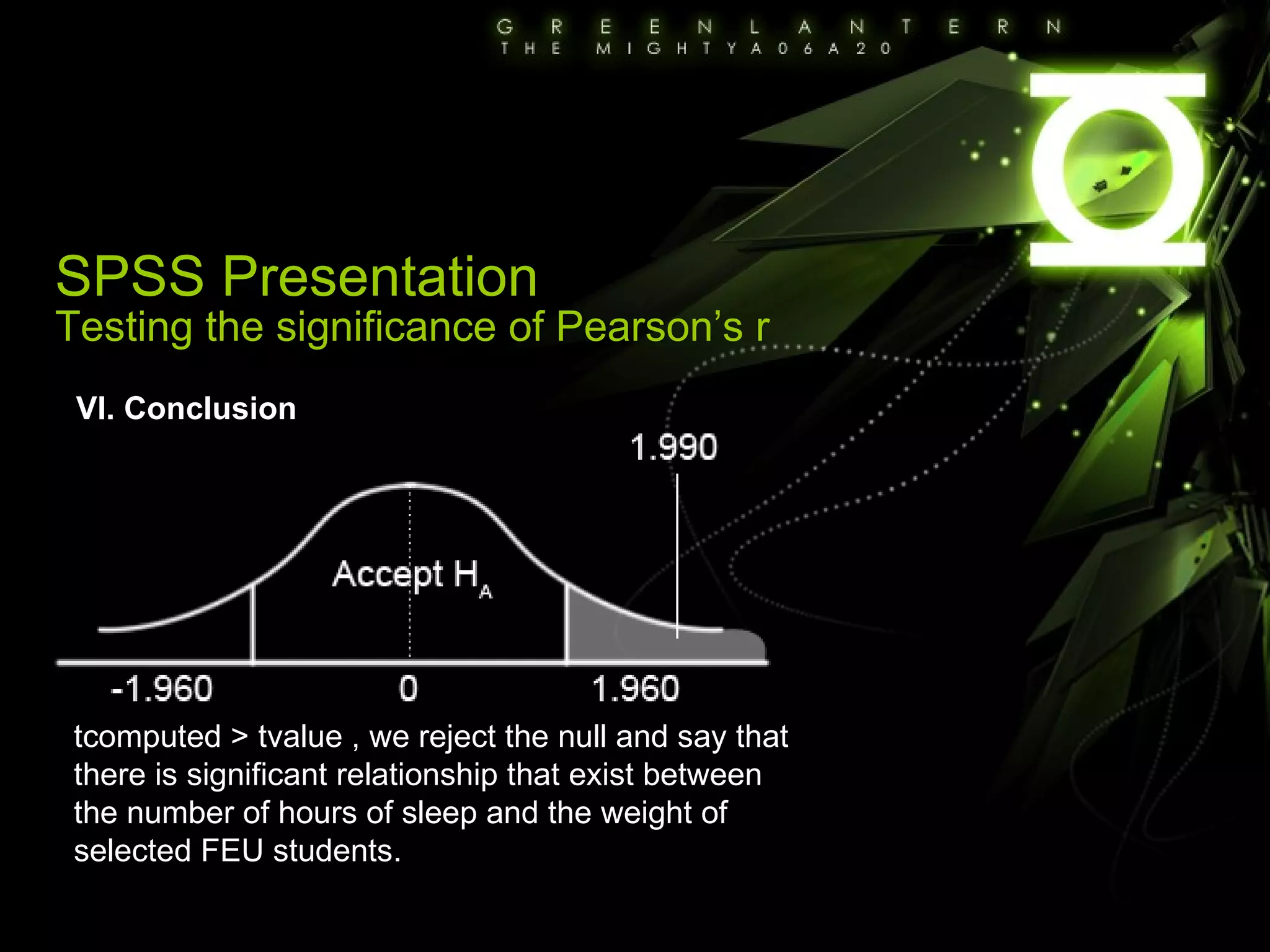 VI. Conclusion tcomputed > tvalue , we reject the null and say that there is significant relationship that exist between the number of hours of sleep and the weight of selected FEU students. SPSS Presentation Testing the significance of Pearson’s r 