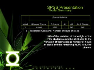 SPSS Presentation 1.6% of the variation of the weight of the FEU students could be attributed to the variation of their average number of hours of sleep and the remaining 98.4% is due to chance. a  Predictors: (Constant), Number of hours of sleep Model Summary  .048 240 1 3.960 .016(a) 1 Sig. F Change df2 df1 F Change R Square Change Change Statistics Model 