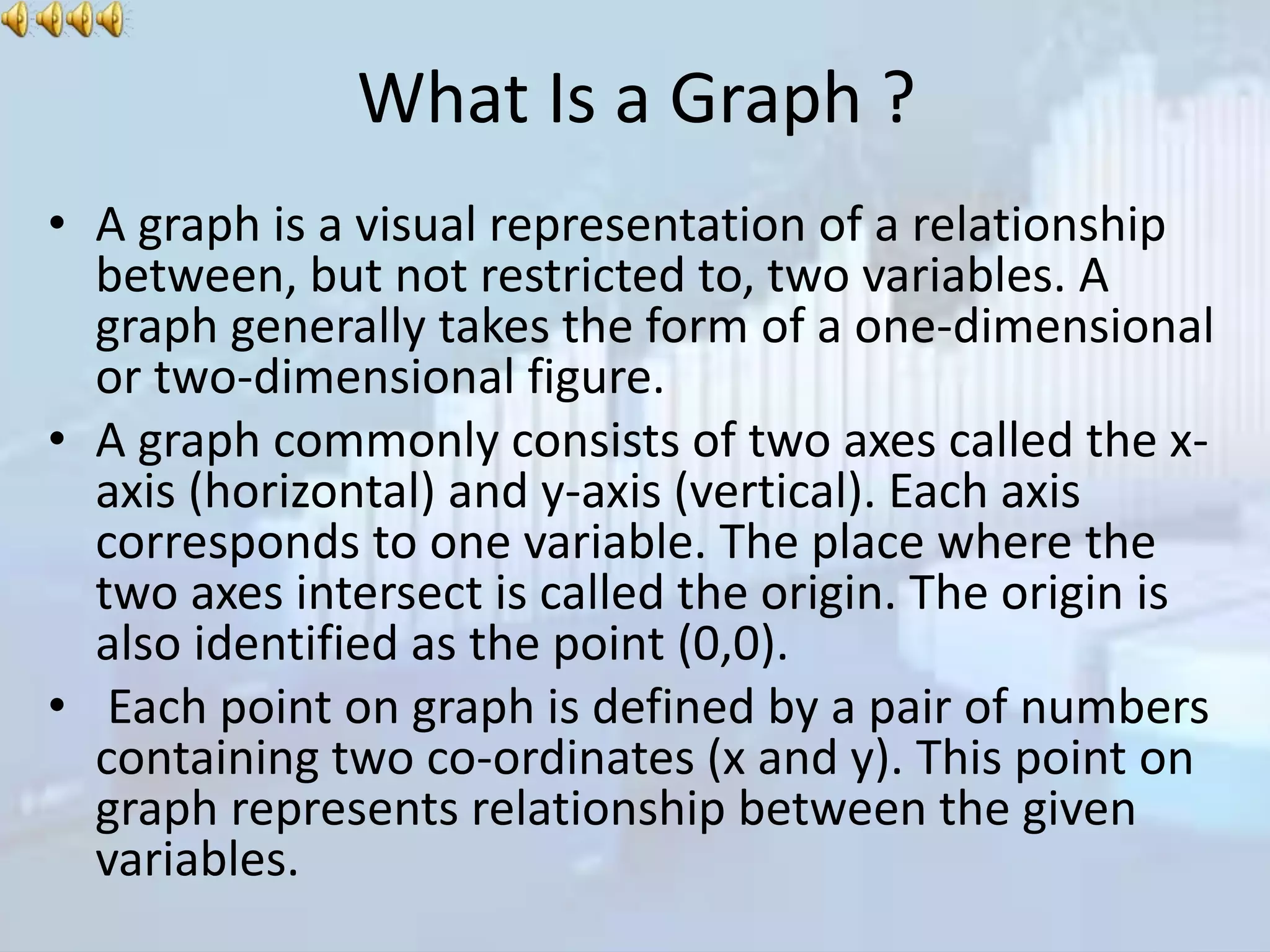 What Is a Graph ?
• A graph is a visual representation of a relationship
between, but not restricted to, two variables. A
graph generally takes the form of a one-dimensional
or two-dimensional figure.
• A graph commonly consists of two axes called the x-
axis (horizontal) and y-axis (vertical). Each axis
corresponds to one variable. The place where the
two axes intersect is called the origin. The origin is
also identified as the point (0,0).
• Each point on graph is defined by a pair of numbers
containing two co-ordinates (x and y). This point on
graph represents relationship between the given
variables.
 