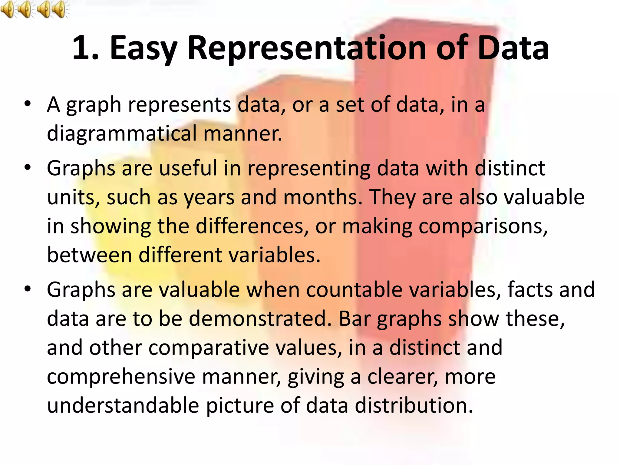 1. Easy Representation of Data
• A graph represents data, or a set of data, in a
diagrammatical manner.
• Graphs are useful in representing data with distinct
units, such as years and months. They are also valuable
in showing the differences, or making comparisons,
between different variables.
• Graphs are valuable when countable variables, facts and
data are to be demonstrated. Bar graphs show these,
and other comparative values, in a distinct and
comprehensive manner, giving a clearer, more
understandable picture of data distribution.
 