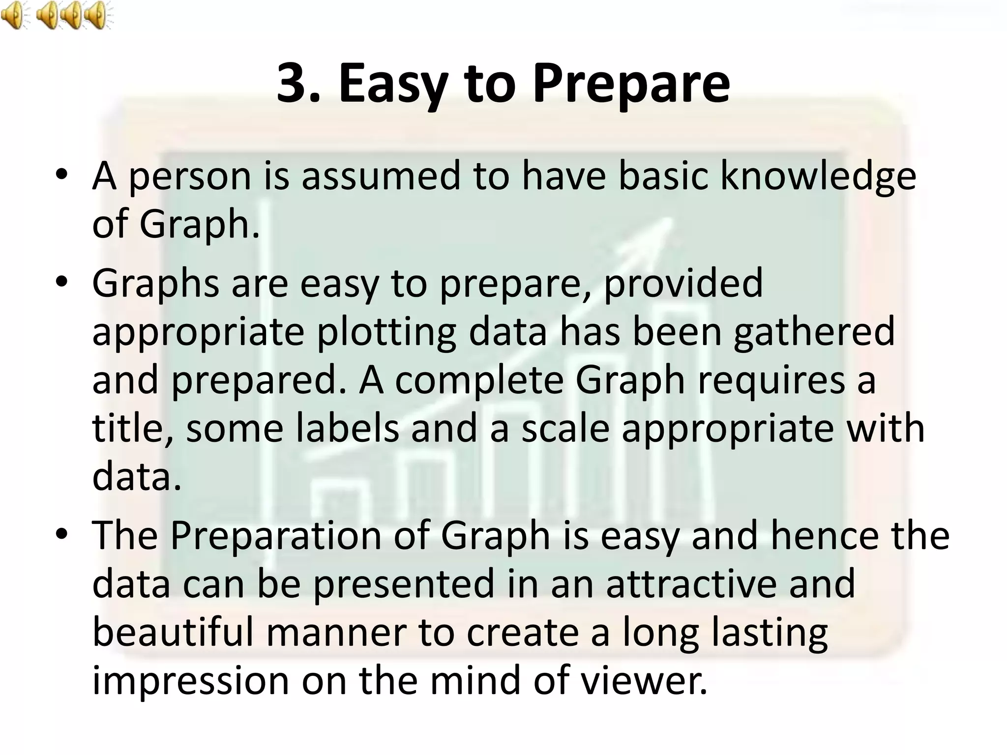 3. Easy to Prepare
• A person is assumed to have basic knowledge
of Graph.
• Graphs are easy to prepare, provided
appropriate plotting data has been gathered
and prepared. A complete Graph requires a
title, some labels and a scale appropriate with
data.
• The Preparation of Graph is easy and hence the
data can be presented in an attractive and
beautiful manner to create a long lasting
impression on the mind of viewer.
 