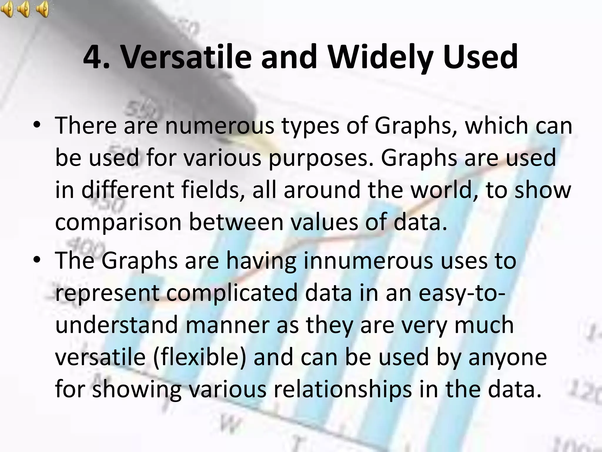 4. Versatile and Widely Used
• There are numerous types of Graphs, which can
be used for various purposes. Graphs are used
in different fields, all around the world, to show
comparison between values of data.
• The Graphs are having innumerous uses to
represent complicated data in an easy-to-
understand manner as they are very much
versatile (flexible) and can be used by anyone
for showing various relationships in the data.
 