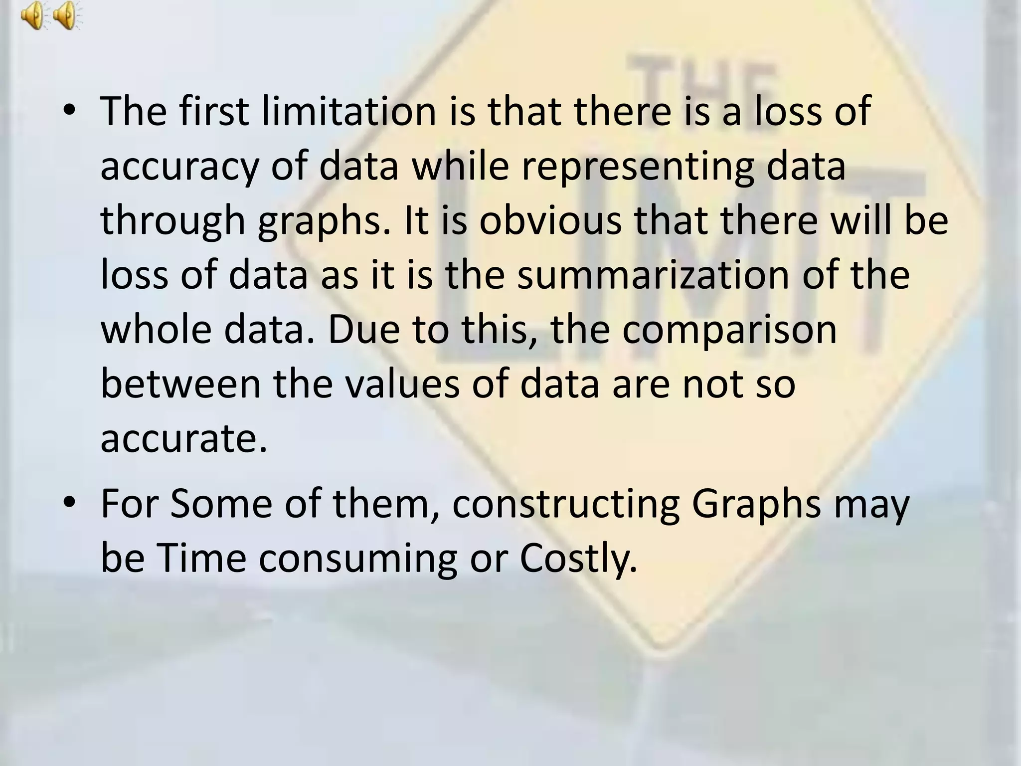 • The first limitation is that there is a loss of
accuracy of data while representing data
through graphs. It is obvious that there will be
loss of data as it is the summarization of the
whole data. Due to this, the comparison
between the values of data are not so
accurate.
• For Some of them, constructing Graphs may
be Time consuming or Costly.
 