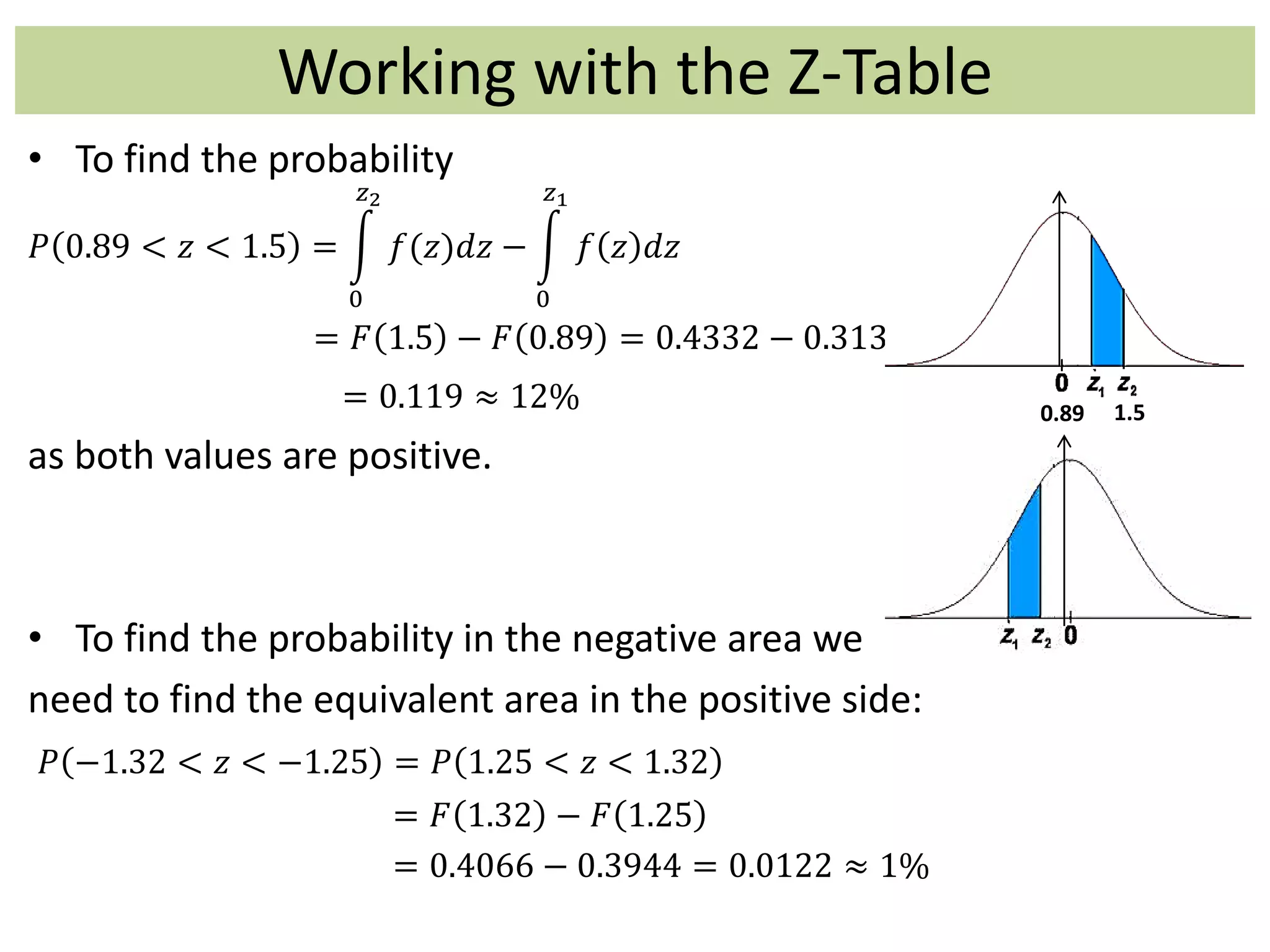 Working with the Z-Table
• To find the probability
𝑃 0.89 < 𝑧 < 1.5 =
0
𝑧2
𝑓(𝑧)𝑑𝑧 −
0
𝑧1
𝑓 𝑧 𝑑𝑧
= 𝐹 1.5 − 𝐹 0.89 = 0.4332 − 0.3133
= 0.119 ≈ 12%
as both values are positive.
• To find the probability in the negative area we
need to find the equivalent area in the positive side:
𝑃 −1.32 < 𝑧 < −1.25 = 𝑃 1.25 < 𝑧 < 1.32
= 𝐹 1.32 − 𝐹 1.25
= 0.4066 − 0.3944 = 0.0122 ≈ 1%
1.50.89
 