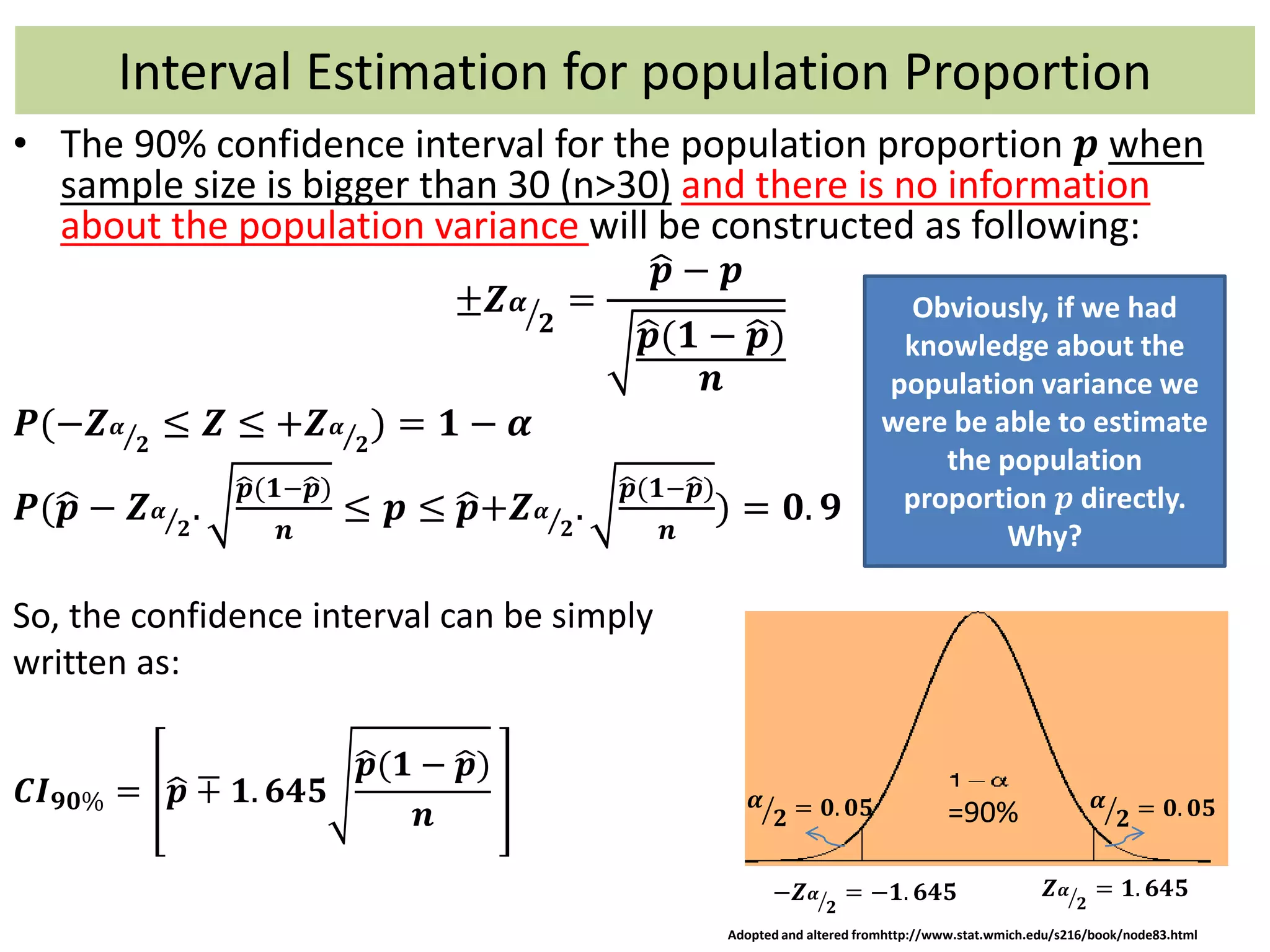 Interval Estimation for population Proportion
• The 90% confidence interval for the population proportion 𝒑 when
sample size is bigger than 30 (n>30) and there is no information
about the population variance will be constructed as following:
±𝒁 𝜶
𝟐
=
𝒑 − 𝒑
𝒑(𝟏 − 𝒑)
𝒏
𝑷(−𝒁 𝜶
𝟐
≤ 𝒁 ≤ +𝒁 𝜶
𝟐
) = 𝟏 − 𝜶
𝑷( 𝒑 − 𝒁 𝜶
𝟐
.
𝒑(𝟏− 𝒑)
𝒏
≤ 𝒑 ≤ 𝒑+𝒁 𝜶
𝟐
.
𝒑(𝟏− 𝒑)
𝒏
) = 𝟎. 𝟗
So, the confidence interval can be simply
written as:
𝑪𝑰 𝟗𝟎% = 𝒑 ∓ 𝟏. 𝟔𝟒𝟓
𝒑(𝟏 − 𝒑)
𝒏 =90% 𝜶
𝟐 = 𝟎. 𝟎𝟓𝜶
𝟐 = 𝟎. 𝟎𝟓
−𝒁 𝜶
𝟐
= −𝟏. 𝟔𝟒𝟓 𝒁 𝜶
𝟐
= 𝟏. 𝟔𝟒𝟓
Obviously, if we had
knowledge about the
population variance we
were be able to estimate
the population
proportion 𝒑 directly.
Why?
Adopted and altered fromhttp://www.stat.wmich.edu/s216/book/node83.html
 