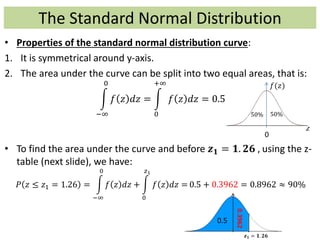 The Standard Normal Distribution
0
• Properties of the standard normal distribution curve:
1. It is symmetrical around y-axis.
2. The area under the curve can be split into two equal areas, that is:
−∞
0
𝑓 𝑧 𝑑𝑧 =
0
+∞
𝑓 𝑧 𝑑𝑧 = 0.5
• To find the area under the curve and before 𝒛 𝟏 = 𝟏. 𝟐𝟔 , using the z-
table (next slide), we have:
𝑃 𝑧 ≤ 𝑧1 = 1.26 =
−∞
0
𝑓 𝑧 𝑑𝑧 +
0
𝑧1
𝑓 𝑧 𝑑𝑧 = 0.5 + 0.3962 = 0.8962 ≈ 90%
𝑓(𝑧)
50%
𝑧
50% 50%
𝒛 𝟏 = 𝟏. 𝟐𝟔
0.5
0.3962
 