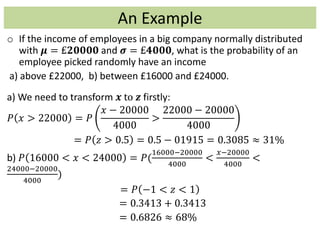 An Example
o If the income of employees in a big company normally distributed
with 𝝁 = £𝟐𝟎𝟎𝟎𝟎 and 𝝈 = £𝟒𝟎𝟎𝟎, what is the probability of an
employee picked randomly have an income
a) above £22000, b) between £16000 and £24000.
a) We need to transform 𝒙 to 𝒛 firstly:
𝑃 𝑥 > 22000 = 𝑃
𝑥 − 20000
4000
>
22000 − 20000
4000
= 𝑃 𝑧 > 0.5 = 0.5 − 01915 = 0.3085 ≈ 31%
b) 𝑃 16000 < 𝑥 < 24000 = 𝑃(
16000−20000
4000
<
𝑥−20000
4000
<
24000−20000
4000
)
= 𝑃 −1 < 𝑧 < 1
= 0.3413 + 0.3413
= 0.6826 ≈ 68%
 