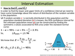 Interval Estimation
 How to find 𝜽 𝟏 𝒂𝒏𝒅 𝜽 𝟐?
In order to find the lower and upper limits of a confidence interval we need to
have a prior knowledge about the nature of distribution of the random variable
in the population.
 If random variable 𝒙 is normally distributed in the population and the
population standard deviation (𝝈) is known, the 95% confidence interval for
the unknown population mean (𝝁) can be constructed by finding the
symmetric z-values associated to 95% area under the standard normal
curve:
𝟏 − 𝜶 = 𝟗𝟓% → 𝜶 = 𝟓% →
𝜶
𝟐
= 𝟐. 𝟓%
So, ±𝒁 𝟎.𝟎𝟐𝟓 = ±𝟏. 𝟗𝟔
We know that: 𝒁 =
𝑿−𝝁 𝑿
𝝈 𝑿
=
𝑿−𝝁
𝝈
𝒏
, so:
𝑷(−𝒁 𝜶
𝟐
≤ 𝒁 ≤ 𝒁 𝜶
𝟐
) = 𝟗𝟓%
Adopted & altered from http://upload.wikimedia.org/wikipedia/en/b/bf/NormalDist1.96.png
=1−𝛼
𝜶
𝟐
= 𝟎. 𝟎𝟐𝟓
𝜶
𝟐
= 𝟎. 𝟎𝟐𝟓
−𝒁 𝜶
𝟐
= = 𝒁 𝜶
𝟐
 