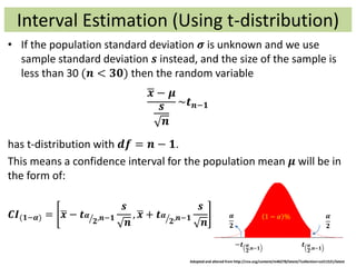 Interval Estimation (Using t-distribution)
• If the population standard deviation 𝝈 is unknown and we use
sample standard deviation 𝒔 instead, and the size of the sample is
less than 30 (𝒏 < 𝟑𝟎) then the random variable
𝒙 − 𝝁
𝒔
𝒏
~𝒕 𝒏−𝟏
has t-distribution with 𝒅𝒇 = 𝒏 − 𝟏.
This means a confidence interval for the population mean 𝝁 will be in
the form of:
𝑪𝑰(𝟏−𝜶) = 𝒙 − 𝒕 𝜶
𝟐,𝒏−𝟏
𝒔
𝒏
, 𝒙 + 𝒕 𝜶
𝟐,𝒏−𝟏
𝒔
𝒏
−𝒕 𝜶
𝟐
,𝒏−𝟏
𝒕 𝜶
𝟐
,𝒏−𝟏
1 − 𝛼 % 𝜶
𝟐
𝜶
𝟐
Adopted and altered from http://cnx.org/content/m46278/latest/?collection=col11521/latest
 