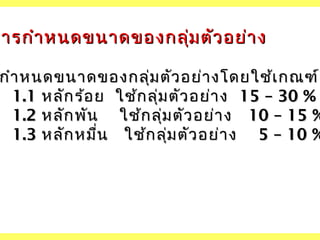 ารกำ
การกำา หนดขนาดของกลุ่ม ตัว อย่า ง

กำา หนดขนาดของกลุ่ม ตัว อย่า งโดยใช้เ กณฑ์
1.1 หลัก ร้อ ย ใช้ก ลุ่ม ตัว อย่า ง 15 – 30 %
1.2 หลัก พัน ใช้ก ลุ่ม ตัว อย่า ง 10 – 15 %
1.3 หลัก หมื่น ใช้ก ลุ่ม ตัว อย่า ง 5 – 10 %

 
