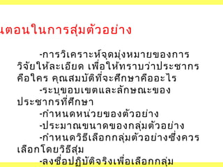 นตอนในการสุม ตัว อย่า ง
่
-การวิเ คราะห์จ ุด มุ่ง หมายของการ
วิจ ัย ให้ล ะเอีย ด เพื่อ ให้ท ราบว่า ประชากร
คือ ใคร คุณ สมบัต ิท ี่จ ะศึก ษาคือ อะไร
-ระบุข อบเขตและลัก ษณะของ
ประชากรที่ศ ึก ษา
-กำา หนดหน่ว ยของตัว อย่า ง
-ประมาณขนาดของกลุม ตัว อย่า ง
่
-กำา หนดวิธ ีเ ลือ กกลุ่ม ตัว อย่า งซึ่ง ควร
เลือ กโดยวิธ ีส ม
ุ่
-ลงชือ ปฏิบ ต ิจ ริง เพื่อ เลือ กกลุ่ม
่
ั

 