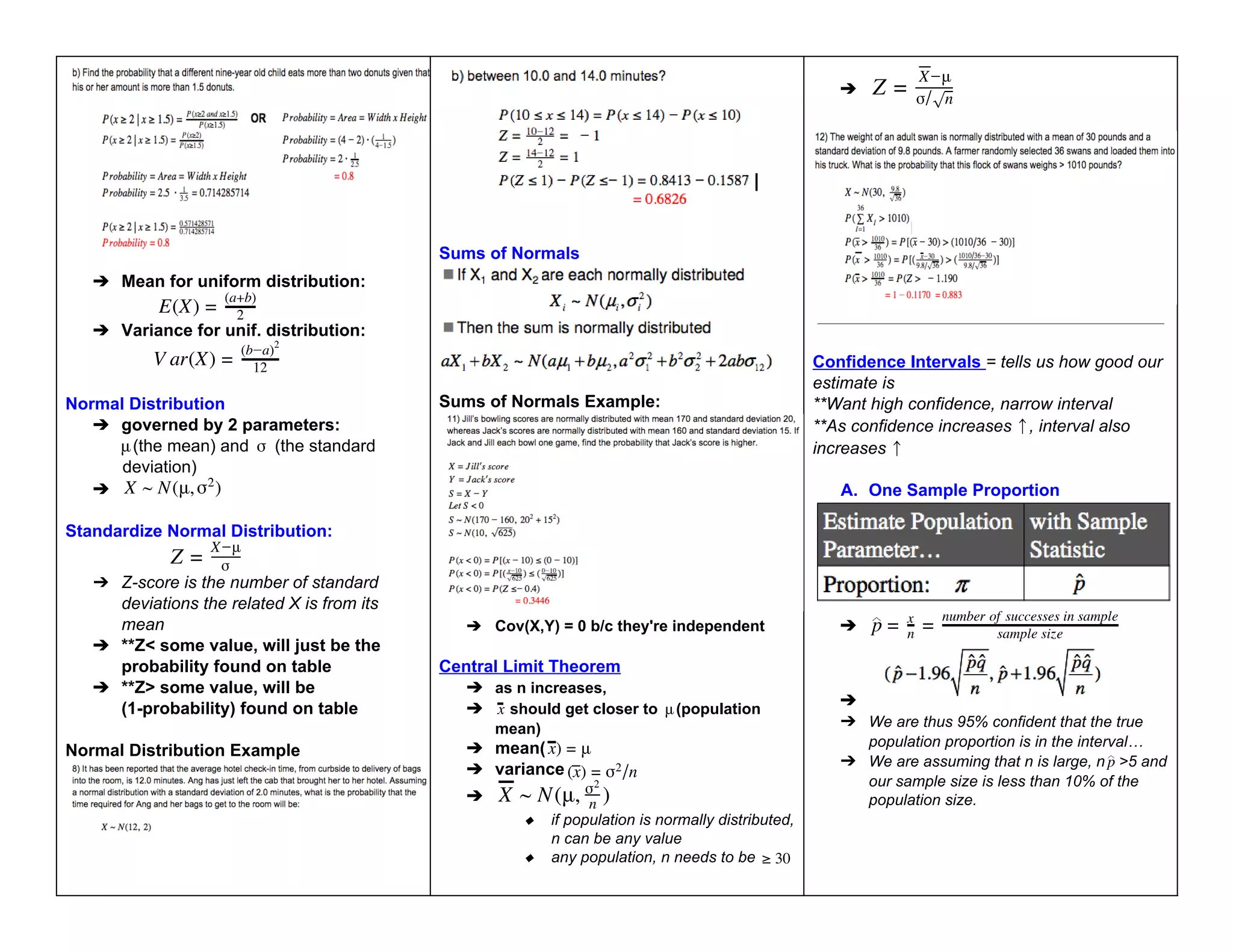 ➔ Mean for uniform distribution:
(X)
E = 2
(a+b)
➔ Variance for unif. distribution:
ar(X)
V = 12
(b a)2
Normal Distribution
➔ governed by 2 parameters:
(the mean) and (the standard
μ σ
deviation)
➔ (μ, )
X ~ N σ2
Standardize Normal Distribution:
Z = σ
X μ
➔ Z­score is the number of standard
deviations the related X is from its
mean
➔ **Z< some value, will just be the
probability found on table
➔ **Z> some value, will be
(1­probability) found on table
Normal Distribution Example
Sums of Normals
Sums of Normals Example:
➔ Cov(X,Y) = 0 b/c they're independent
Central Limit Theorem
➔ as n increases,
➔ should get closer to (population
x μ
mean)
➔ mean( )
x = μ
➔ variance x) n
( = σ2
/
➔ (μ, )
X ~ N n
σ2
◆ if population is normally distributed,
n can be any value
◆ any population, n needs to be 0
≥ 3
➔ Z =
X μ
σ/√n
Confidence Intervals = tells us how good our
estimate is
**Want high confidence, narrow interval
**As confidence increases , interval also
increases
A. One Sample Proportion
➔ p
︿
= x
n = sample size
number of successes in sample
➔
➔ We are thus 95% confident that the true
population proportion is in the interval…
➔ We are assuming that n is large, n >5 and
p
︿
our sample size is less than 10% of the
population size.
 