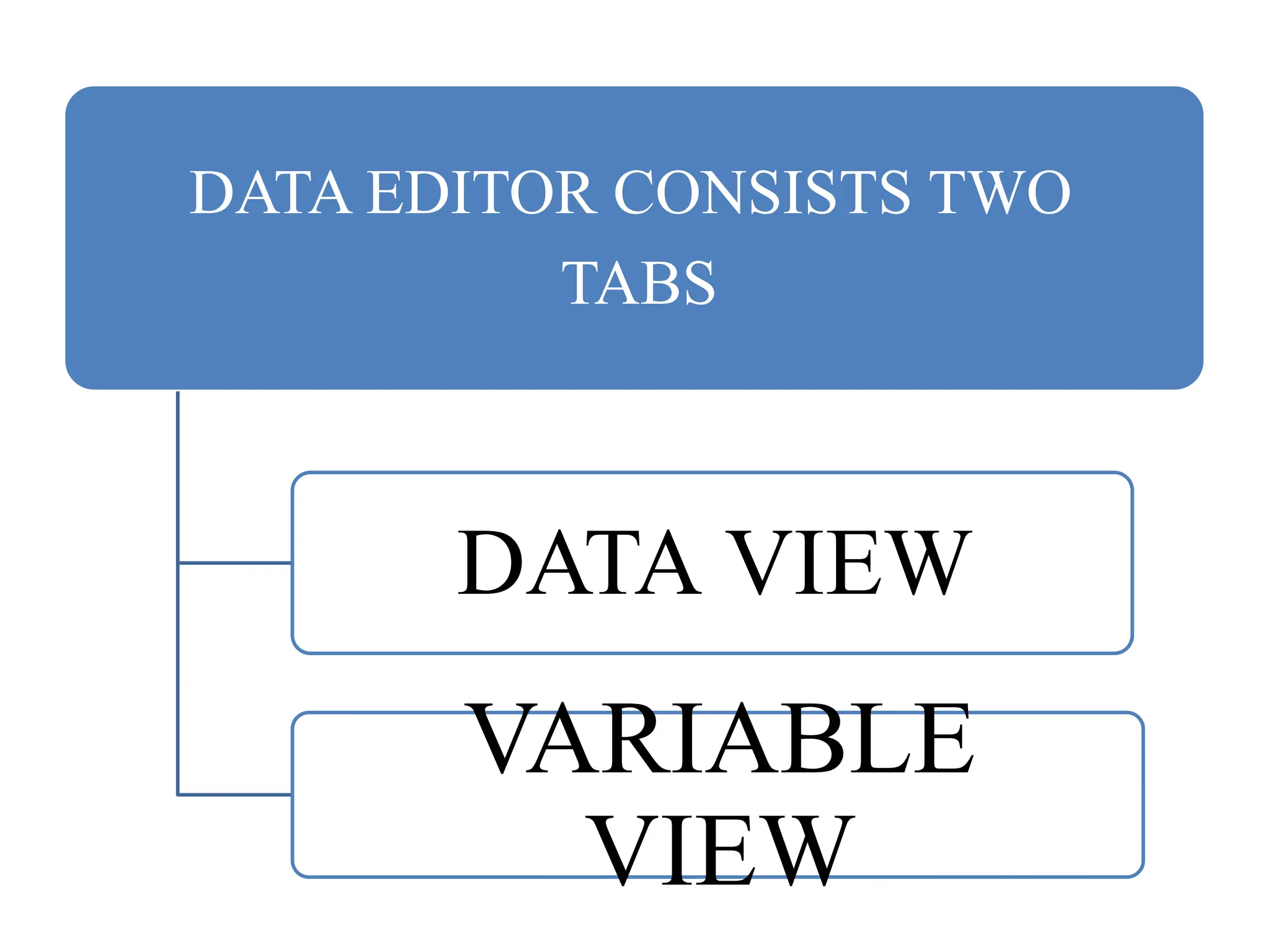 DATA EDITOR CONSISTS TWO
TABS
DATA VIEW
VARIABLE
VIEW
 