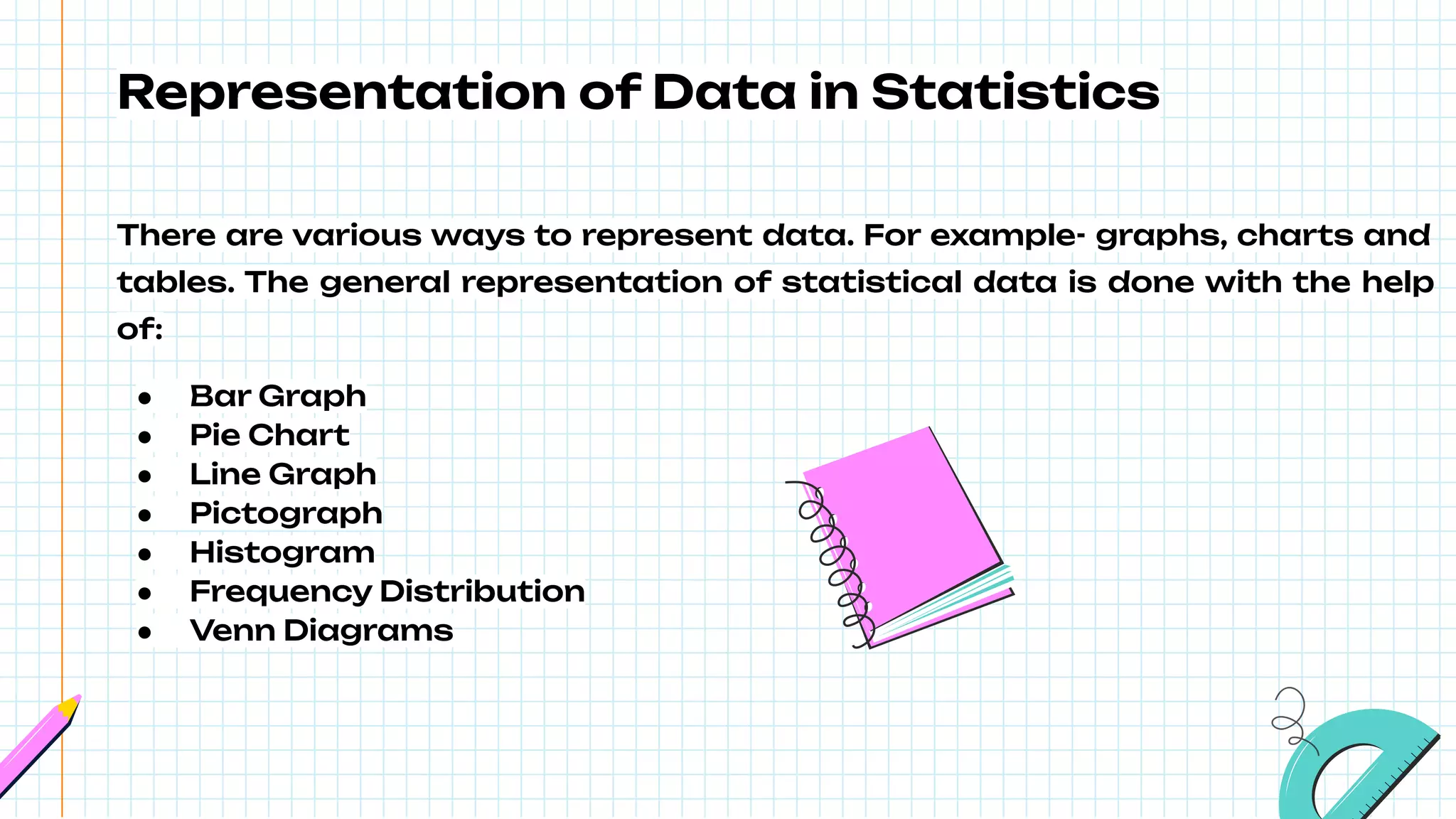 Representation of Data in Statistics
There are various ways to represent data. For example- graphs, charts and
tables. The general representation of statistical data is done with the help
of:
● Bar Graph
● Pie Chart
● Line Graph
● Pictograph
● Histogram
● Frequency Distribution
● Venn Diagrams
 