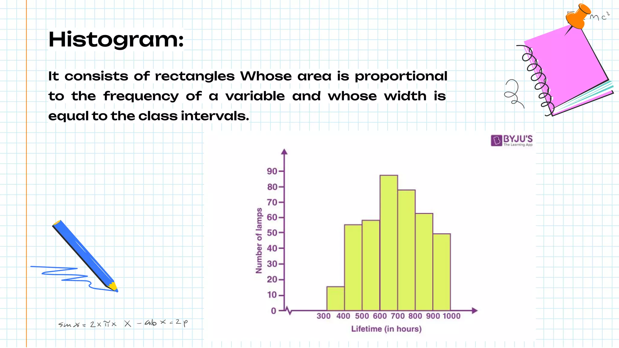 Histogram:
It consists of rectangles Whose area is proportional
to the frequency of a variable and whose width is
equal to the class intervals.
 