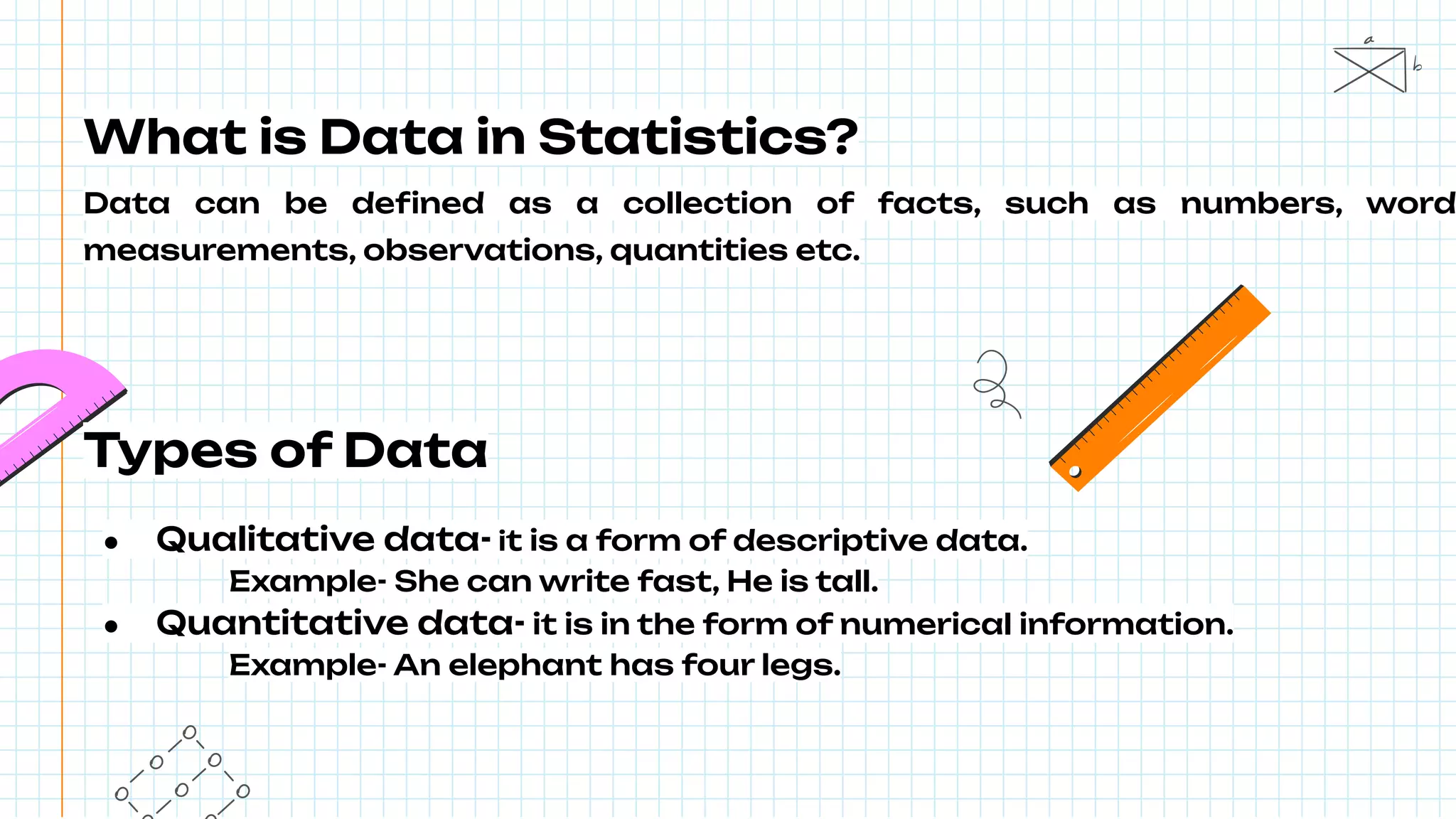 What is Data in Statistics?
Data can be deﬁned as a collection of facts, such as numbers, word
measurements, observations, quantities etc.
Types of Data
● Qualitative data- it is a form of descriptive data.
Example- She can write fast, He is tall.
● Quantitative data- it is in the form of numerical information.
Example- An elephant has four legs.
 