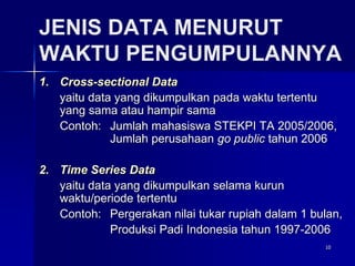 10
JENIS DATA MENURUT
WAKTU PENGUMPULANNYA
1. Cross-sectional Data
yaitu data yang dikumpulkan pada waktu tertentu
yang sama atau hampir sama
Contoh: Jumlah mahasiswa STEKPI TA 2005/2006,
Jumlah perusahaan go public tahun 2006
2. Time Series Data
yaitu data yang dikumpulkan selama kurun
waktu/periode tertentu
Contoh: Pergerakan nilai tukar rupiah dalam 1 bulan,
Produksi Padi Indonesia tahun 1997-2006
 