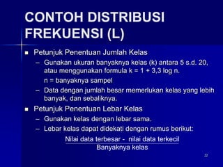 22
CONTOH DISTRIBUSI
FREKUENSI (L)
 Petunjuk Penentuan Jumlah Kelas
– Gunakan ukuran banyaknya kelas (k) antara 5 s.d. 20,
atau menggunakan formula k = 1 + 3,3 log n.
n = banyaknya sampel
– Data dengan jumlah besar memerlukan kelas yang lebih
banyak, dan sebaliknya.
 Petunjuk Penentuan Lebar Kelas
– Gunakan kelas dengan lebar sama.
– Lebar kelas dapat didekati dengan rumus berikut:
Nilai data terbesar - nilai data terkecil
Banyaknya kelas
 