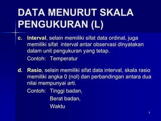 8
DATA MENURUT SKALA
PENGUKURAN (L)
c. Interval, selain memiliki sifat data ordinal, juga
memiliki sifat interval antar observasi dinyatakan
dalam unit pengukuran yang tetap.
Contoh: Temperatur
d. Rasio, selain memiliki sifat data interval, skala rasio
memiliki angka 0 (nol) dan perbandingan antara dua
nilai mempunyai arti.
Contoh: Tinggi badan,
Berat badan,
Waktu
 