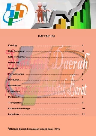 VStatistik Daerah Kecamatan Sebatik Barat 2015
DAFTAR ISI
Katalog ....................................................................................... ii
Kata Sambutan ............................................................................. iii
Kata Pengantar............................................................................. iv
Daftar Isi ...................................................................................... v
Geografi ...................................................................................... 1
Pemerintahan ............................................................................. 2
Penduduk...................................................................................... 4
Pendidikan .................................................................................. 5
Kesehatan ................................................................................... 6
Pertanian .................................................................................... 7
Transportasi ................................................................................ 9
Ekonomi dan Harga ...................................................................... 10
Lampiran ..................................................................................... 11
http://nunukankab.bps.go.id
 