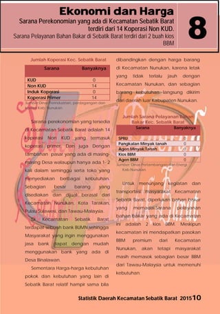Statistik Daerah Kecamatan Sebatik Barat 201510
Ekonomi dan Harga
Sarana Perekonomian yang ada di Kecamatan Sebatik Barat
terdiri dari 14 Koperasi Non KUD.
Sarana Pelayanan Bahan Bakar di Sebatik Barat terdiri dari 2 buah kios
BBM
8
Jumlah Koperasi Kec. Sebatik Barat
Sarana Banyaknya
KUD 0
Non KUD 14
Induk Koperasi 0
Koperasi Primer 14
Sumber;Dinas Perindustrian, perdagangan dan
koerasi Kab. Nunukan.
Sarana perekonomian yang tersedia
di Kecamatan Sebatik Barat adalah 14
koperasi Non KUD yang termasuk
koperasi primer. Dan juga Dengan
tambahan pasar yang ada di masing-
masing Desa walaupun hanya ada 1- 2
kali dalam seminggu serta toko yang
menyediakan berbagai kebutuhan.
Sebagian besar barang yang
disediakan dan dijual berasal dari
Kecamatan Nunukan, Kota Tarakan,
Pulau Sulawesi, dan Tawau-Malaysia.
Di Kecamatan Sebatik Barat
terdapat sebuah bank BUMN,sehingga
Masyarakat yang ingin menggunakan
jasa bank dapat dengan mudah
menggunakan bank yang ada di
Desa Binalawan.
Sementara Harga-harga kebutuhan
pokok dan kebutuhan yang lain di
Sebatik Barat relatif hampir sama bila
dibandingkan dengan harga barang
di Kecamatan Nunukan, karena letak
yang tidak terlalu jauh dengan
Kecamatan Nunukan, dan sebagian
barang kebutuhan langsung dikirim
dari daerah luar Kabupaten Nunukan.
Jumlah Sarana Pelayanan Bahan
Bakar Kec. Sebatik Barat
Sarana Banyaknya
SPBU 0
Pangkalan Minyak tanah 0
Agen Minyak Tanah 0
Kios BBM 0
Agen BBM 0
Sumber; Dinas Pertambangan dan Energi
Kab.Nunukan.
Untuk menunjang kegiatan dan
transportasi masyarakat Kecamatan
Sebatik Barat, diperlukan bahan bakar
yang memadai.Sarana pelayanan
bahan bakar yang ada di Kecamatan
ini adalah 2 kios BBM. Meskipun
kecamatan ini mendapatkan pasokan
BBM premium dari Kecamatan
Nunukan, akan tetapi masyarakat
masih memasok sebagian besar BBM
dari Tawau-Malaysia untuk memenuhi
kebutuhan.
http://nunukankab.bps.go.id
 