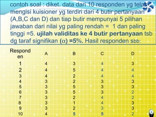 6
Respond
en
A B C D
1 4 3 4 3
2 4 5 4 4
3 4 2 4 4
4 3 2 3 3
5 3 5 3 3
6 3 5 3 2
7 3 2 4 2
8 3 1 4 3
9 3 2 3 3
10 4 5 5 2
contoh soal : diket. data dari 10 responden yg telah
mengisi kuisioner yg terdiri dari 4 butir pertanyaan
(A,B,C dan D) dan tiap butir mempunyai 5 pilihan
jawaban dari nilai yg paling rendah = 1 dan paling
tinggi =5. ujilah validitas ke 4 butir pertanyaan tsb
dg taraf signifikan (α) =5%. Hasil responden sbb:
 