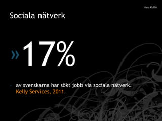 Sociala nätverk <ul><li>17% </li></ul><ul><li>av svenskarna har sökt jobb via sociala nätverk.  Kelly Services, 2011 . </l...