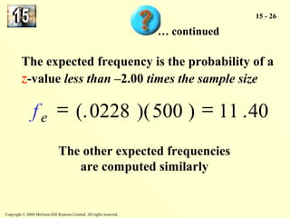 f e = (.0228 )(500 ) = 11 .40 
Copyright © 2004 McGraw-Hill Ryerson Limited. All rights reserved. 
15 - 26 
… continued 
The expected frequency is the probability of a 
z-value less than –2.00 times the sample size 
The other expected frequencies 
are computed similarly 
 