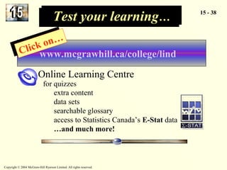 TTeesstt yyoouurr lleeaarrnniinngg…… 15 - 38 
Click on… Click on… 
www.mcgrawhill.ca/college/lind 
Online Learning Centre 
for quizzes 
extra content 
data sets 
searchable glossary 
access to Statistics Canada’s E-Stat data 
…and much more! 
Copyright © 2004 McGraw-Hill Ryerson Limited. All rights reserved. 
 