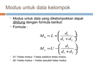 Modus untuk data kelompok 
 Modus untuk data yang dikelompokkan dapat 
dihitung dengan formula berikut: 
 Formula : 
æ ö 
M L d i 
= +ç ¸ è + ø 
æ ö 
= -ç ¸ è + ø 
 d1: f kelas modus - f kelas sebelum kelas modus 
 d2: f kelas modus – f kelas sesudah kelas modus 
1 
0 
1 2 
2 
1 2 
o 
d d 
M U d i 
d d 
 