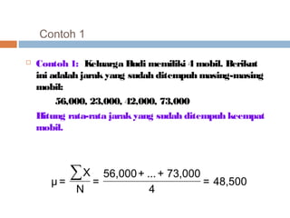 Contoh 1 
 Contoh 1: Keluarga Budi memiliki 4 mobil. Berikut 
ini adalah jarak yang sudah ditempuh masing-masing 
mobil: 
56,000, 23,000, 42,000, 73,000 
Hitung rata-rata jarak yang sudah ditempuh keempat 
mobil. 
56,000+ ...+ 73,000 
4 = 48,500 
X 
μ = Σ 
N = 
 