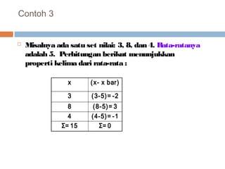 Contoh 3 
 Misalnya ada satu set nilai: 3, 8, dan 4. Rata-ratanya 
adalah 5. Perhitungan berikut menunjukkan 
properti kelima dari rata-rata : 
x (x- x bar) 
3 (3-5)= -2 
8 (8-5)= 3 
4 (4-5)= -1 
Σ= 15 Σ= 0 
 