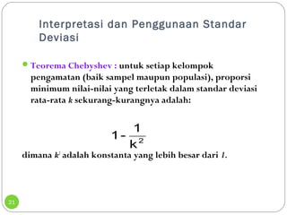 Interpretasi dan Penggunaan Standar 
Deviasi 
21 
Teorema Chebyshev : untuk setiap kelompok 
pengamatan (baik sampel maupun populasi), proporsi 
minimum nilai-nilai yang terletak dalam standar deviasi 
rata-rata k sekurang-kurangnya adalah: 
1- 1 
k2 
dimana k2 adalah konstanta yang lebih besar dari 1. 
 