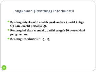 Jangkauan (Rentang) Interkuartil 
48 
Rentang interkuartil adalah jarak antara kuartil ketiga 
Q3 dan kuartil pertama Q1. 
Rentang ini akan mencakup nilai tengah 50 persen dari 
pengamatan. 
Rentang Interkuartil= Q3 - Q1 
 