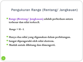 Pengukuran Range (Rentang/ Jangkauan) 
5 
Range (Rentang/ Jangkauan) adalah perbedaan antara 
terbesar dan nilai terkecil. 
Range = H - L 
Hanya dua nilai yang digunakan dalam perhitungan. 
Sangat dipengaruhi oleh nilai ekstrem. 
Mudah untuk dihitung dan dimengerti. 
 