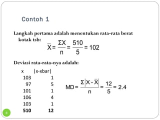 Contoh 1 
8 
Langkah pertama adalah menentukan rata-rata berat 
kotak tsb: 
510 
5 = 102 
ΣX 
n = 
X= 
Deviasi rata-rata-nya adalah: 
Σ X - X 12 MD= = = 2.4 
n 5 
x |x-xbar| 
103 1 
97 5 
101 1 
106 4 
103 1 
510 12 
 