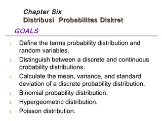 Chapter Six 
Distribusi Probabilitas DDiisskkrreett 
GOALS 
1. Define the terms probability distribution and 
random variables. 
2. Distinguish between a discrete and continuous 
probability distributions. 
3. Calculate the mean, variance, and standard 
deviation of a discrete probability distribution. 
4. Binomial probability distribution. 
5. Hypergeometric distribution. 
6. Poisson distribution. 
 