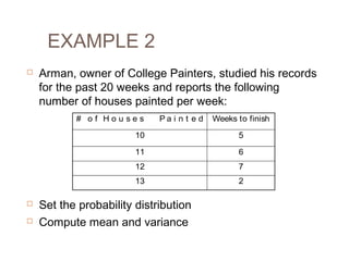 EXAMPLE 2 
 Arman, owner of College Painters, studied his records 
for the past 20 weeks and reports the following 
number of houses painted per week: 
# o f H o u s e s P a i n t e d Weeks to finish 
10 5 
11 6 
12 7 
13 2 
 Set the probability distribution 
 Compute mean and variance 
 