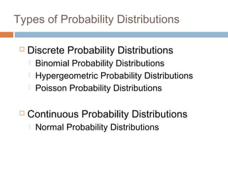 Types of Probability Distributions 
 Discrete Probability Distributions 
 Binomial Probability Distributions 
 Hypergeometric Probability Distributions 
 Poisson Probability Distributions 
 Continuous Probability Distributions 
 Normal Probability Distributions 
 