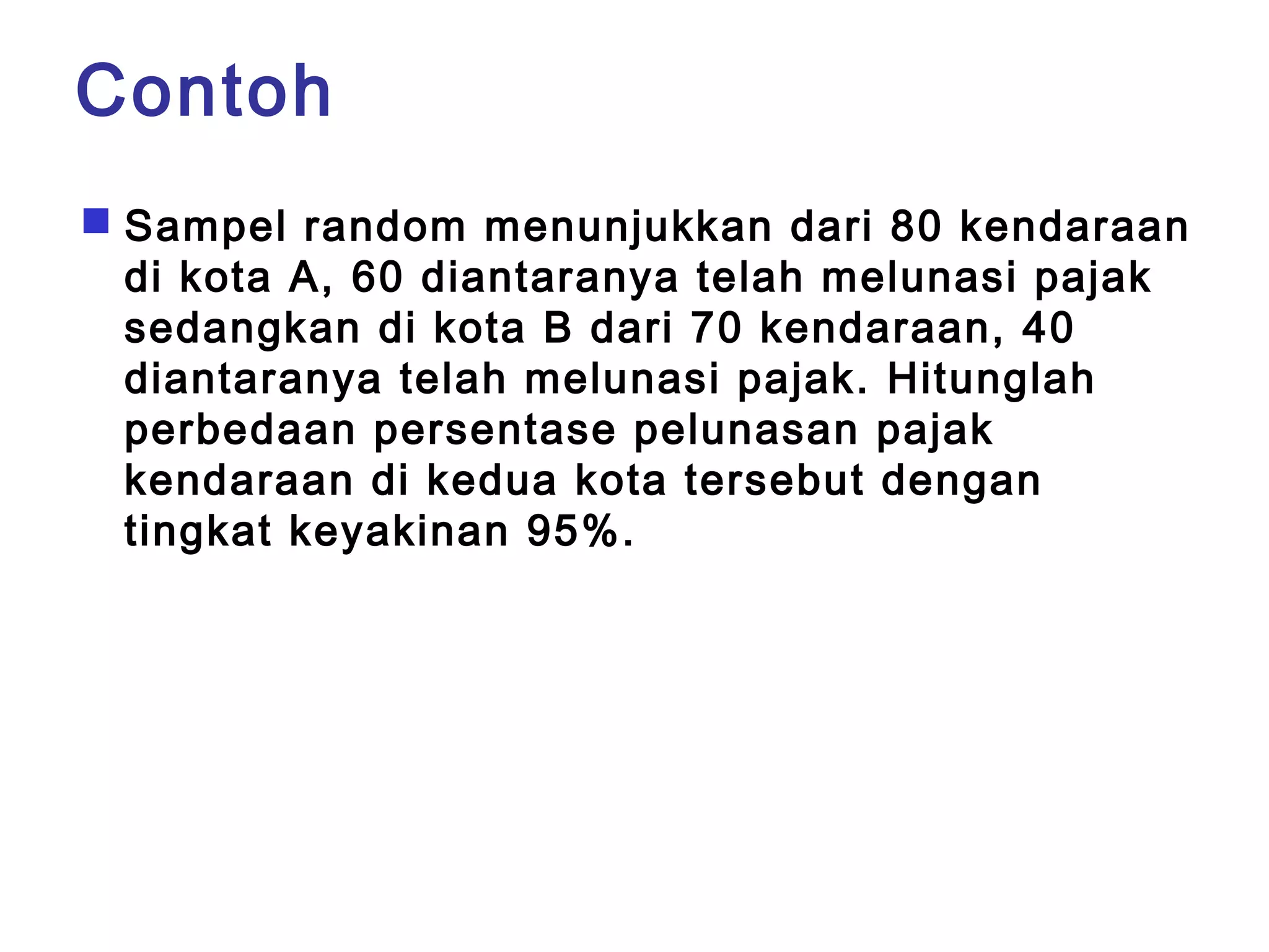 Contoh 
 Sampel random menunjukkan dari 80 kendaraan 
di kota A, 60 diantaranya telah melunasi pajak 
sedangkan di kota B dari 70 kendaraan, 40 
diantaranya telah melunasi pajak. Hitunglah 
perbedaan persentase pelunasan pajak 
kendaraan di kedua kota tersebut dengan 
tingkat keyakinan 95%. 
 